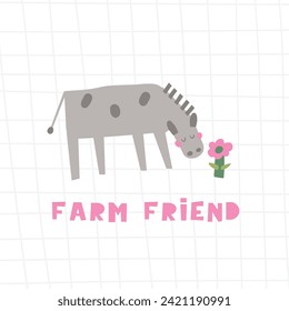 Farm animal composition. Cute hand drawn doodle sweet donkey with flower. Card, postcard, t shirt print, cover, poster with funny animal for kid, children