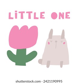 Farm animal composition. Cute hand drawn doodle sweet rabbit, hare, bunny with pink flower. Card, postcard, t shirt print, cover, poster with funny animal for kid, children