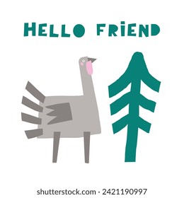Farm animal composition. Cute hand drawn doodle sweet turkey, plant. Card, postcard, t shirt print, cover, poster with funny animal for kid, children