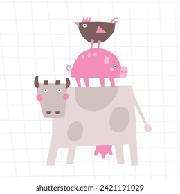 Farm animal composition. Cute hand drawn doodle sweet cow, pig, rooster, chicken. Card, postcard, t shirt print, cover, poster with funny animal for kid, children