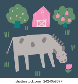 Farm animal composition. Cute hand drawn doodle sweet donkey, tree, garden, barn. Card, postcard, t shirt print, cover, poster with funny animal for kid, children