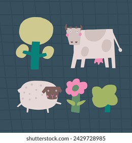 Farm animal composition. Cute hand drawn doodle cow, tree, sheep, flower, plants. Card, postcard, t shirt print, cover, poster with funny animal for kid, children