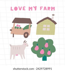 Farm animal composition. Cute hand drawn doodle goat, pear tree, house, market tent. Card, postcard, t shirt print, cover, poster with funny animal for kid, children
