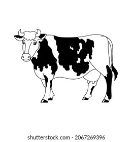 Farm animal cow. Outline silhouette. Design element. Vector illustration isolated on white background. Template for books, stickers, posters, cards, clothes.