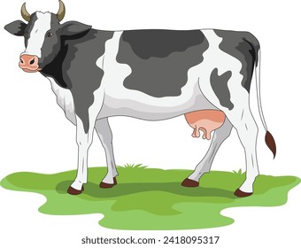 Farm animal cow standing on a grass field