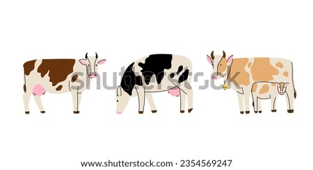 Farm animal. Cows different breeds. Cute cow with calf. Hand drawn funny contemporary drawing livestock, milk and meat, standing mammal, cartoon flat isolated vector illustration on white background