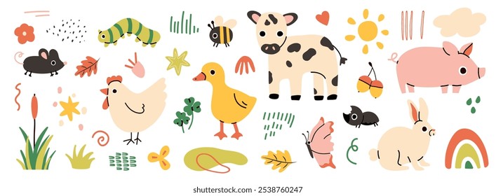 Farm animal. Cows, pigs and hens, rabbit, duck. Cute hand drawn funny contemporary drawing livestock, milk and meat, standing mammal, cartoon flat isolated vector illustration