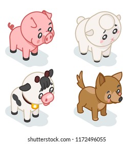 Farm animal cub isometric 3d cute baby flat cartoon design icons set vector illustration