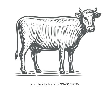 Farm animal. Dairy cow sketch. Hand drawn Cow, standing full-length in front of white background. Vector illustration