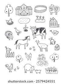 Farm animal doodle icon set. Hand drawn vector line illustration.