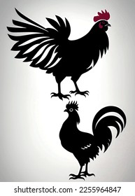 farm animal drawing. Rooster and chicken silhouette.