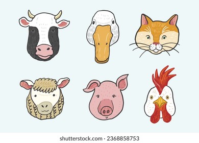 Farm animal face vector illustrations set.