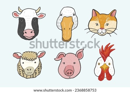 Farm animal face vector illustrations set.
