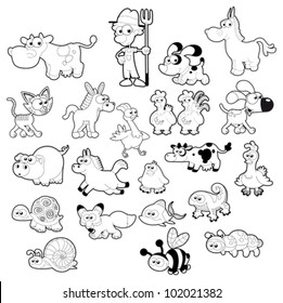 Farm Animal Family. Vector Isolated Black And White Characters.