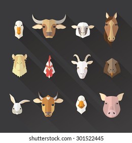 Farm animal flat avatars and farm products icons set with long shadows.