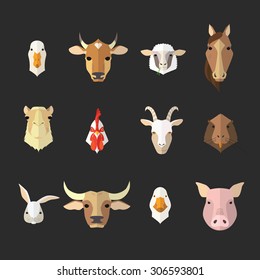 Farm animal flat avatars and farm products icons set with long shadows.