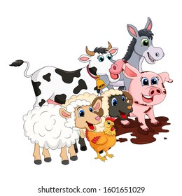 Farm animal group. Cow, pig, ram, donkey,sheep,hen  design isolated on white background. Cute cartoon animals collection Vector illustration