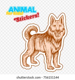 Farm animal guard dog in sketch style on colorful sticker. Isolated on transparent background. Can be used for cute coloring book for children. Include silhouette for paper cutting