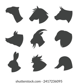 Iconos de cabeza animal de granja conjunto ilustración vectorial