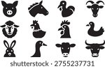 Farm animal head set. Pig, Horse, Turkey, Goat, Sheep, Chicken, Rooster, Duck, Rabbit, Goose, Cow, Bull head silhouettes. black icon drawing vector
