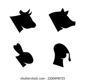 Farm animal head set. Pig, Turkey, Rabbit, Cow head silhouettes. Farm animal black icons isolated on white background.