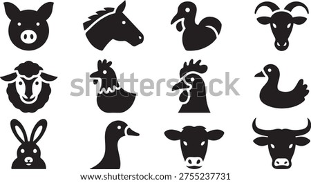 Farm animal head set. Pig, Horse, Turkey, Goat, Sheep, Chicken, Rooster, Duck, Rabbit, Goose, Cow, Bull head silhouettes. black icon drawing vector
