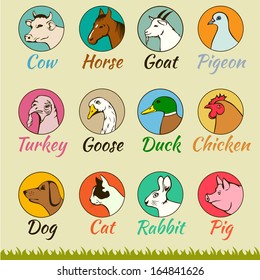farm animal heads isolated, cat dog horse pig cow goat turkey chicken goose duck pigeon,