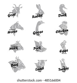 Farm animal heads vector collection. Butchery logo and labels set isolated.