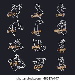 Farm Animal Heads Vector Collection. Butchery Logo And Labels Set In Line Art Style.