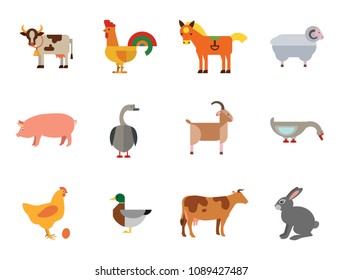 Farm Animal Icon Set. Cow Hen And Egg Turkey Goose Cockerel Duck Goat Pecking Goose Ram Pig Horse Rabbit Spotted Cow