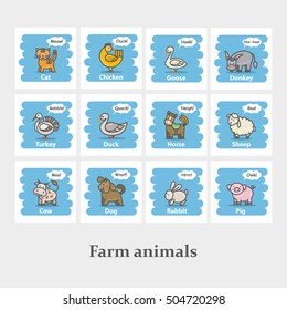 Farm animal icon set illustration.Cute Cartoon farm animal character and how the say animals on a blue