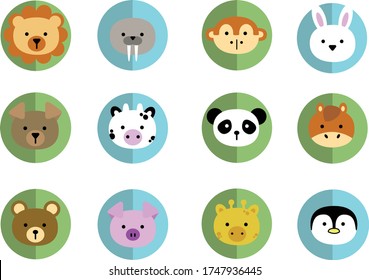 Farm animal icons. Flat design. Cute, colorful and vectorial faces. 