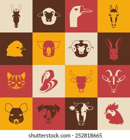 Farm animal icons on colorful background. Vector Illustration