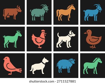 Bauernhof Tier Icons gefüllt Satz Kuh Glocke Schafe Ziege Schwein Pferd Huhn Ente schwarzen Hintergrund.