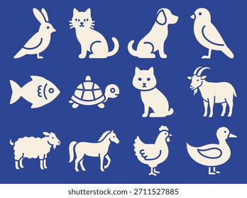 Bauernhof Tier Icons gefüllt Satz Kuh Glocke Schafe Ziege Schwein Pferd Huhn Ente auf blauem Hintergrund.