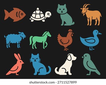 Iconos de animales de granja sólido lleno conjunto de campana de vaca oveja cabra cerdo caballo pollo pato perro de fondo.