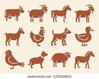 Farm Animal Icons. Solid, filled icon set of Cow bell and farm animals cow bell, cow, sheep, goat, pig, horse, chicken, duck bround background