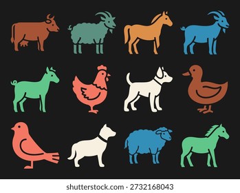 Farm Animal Icons. Solid, filled icon set of Cow bell and farm animals cow bell, cow, sheep, goat, pig, horse, chicken, duck black background