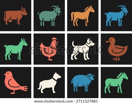 Farm animal icons solid filled set of cow bell sheep goat pig horse chicken duck black background.