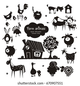 Farm Animal Icons. Vector Silhouettes Isolated On White Background.