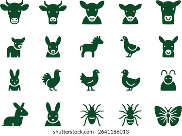 Farm Animal  Insect Silhouettes Icon Set Agriculture Nature Vector Graphics