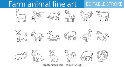 Farm Animal Linha Arte Ilustrações Definir Traço Editável