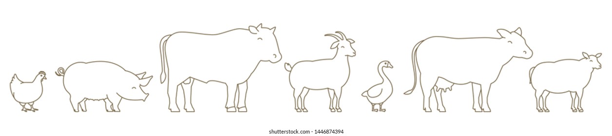 Farm Animal line set. Husbandry production. Cow and bull, duck and chicken. Sheep goat and pig. Outline contour line vector illustration. Horizontal head banner.