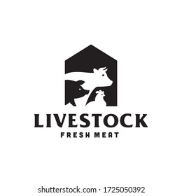 farm animal livestock logo cow,pig,chicken label, poultry house logo, butchery barn illustration hipster silhouette