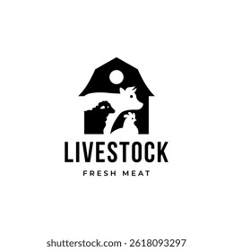 logotipo de pecuária animal de fazenda vaca, ovelha, etiqueta de frango, logotipo da casa de aves, butchery barn ilustração hipster silhueta