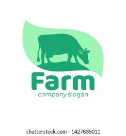 Farm Animal Logo, Icon With Cattle. Agro,milk Sign. Cow In A Meadow With Green Grass. Vector Nature And Eco Green Logotype. Design Element For Brand Identity Agricultural Company. Dairy Product Label.