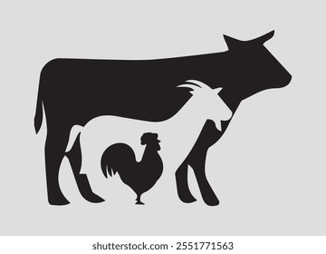 Un logotipo de animales de granja muestra la belleza y la esencia de la vida rural, haciendo hincapié en temas de naturaleza, agricultura y sostenibilidad. Cuenta con animales icónicos como vacas, pollos, cerdos, ovejas.