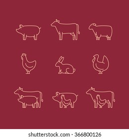 Farm animal outline icon set. Pig, cow, lamb, chicken, turkey, rabbit. Icon for butcher shop. Vector illustration.