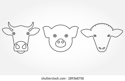 Farm animal outline icons set. Cow, pig and sheep head or face symbols isolated on white background. Vector illustration.