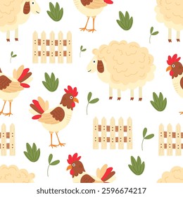 Farm animal pattern with sheep, roosters, and wooden fences in cute countryside style. Funny rural life illustration in vector flat style. For children's decor, prints, wallpapers.